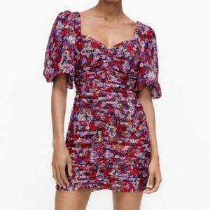 Zara Red Floral Printed Draped Ruched Dress